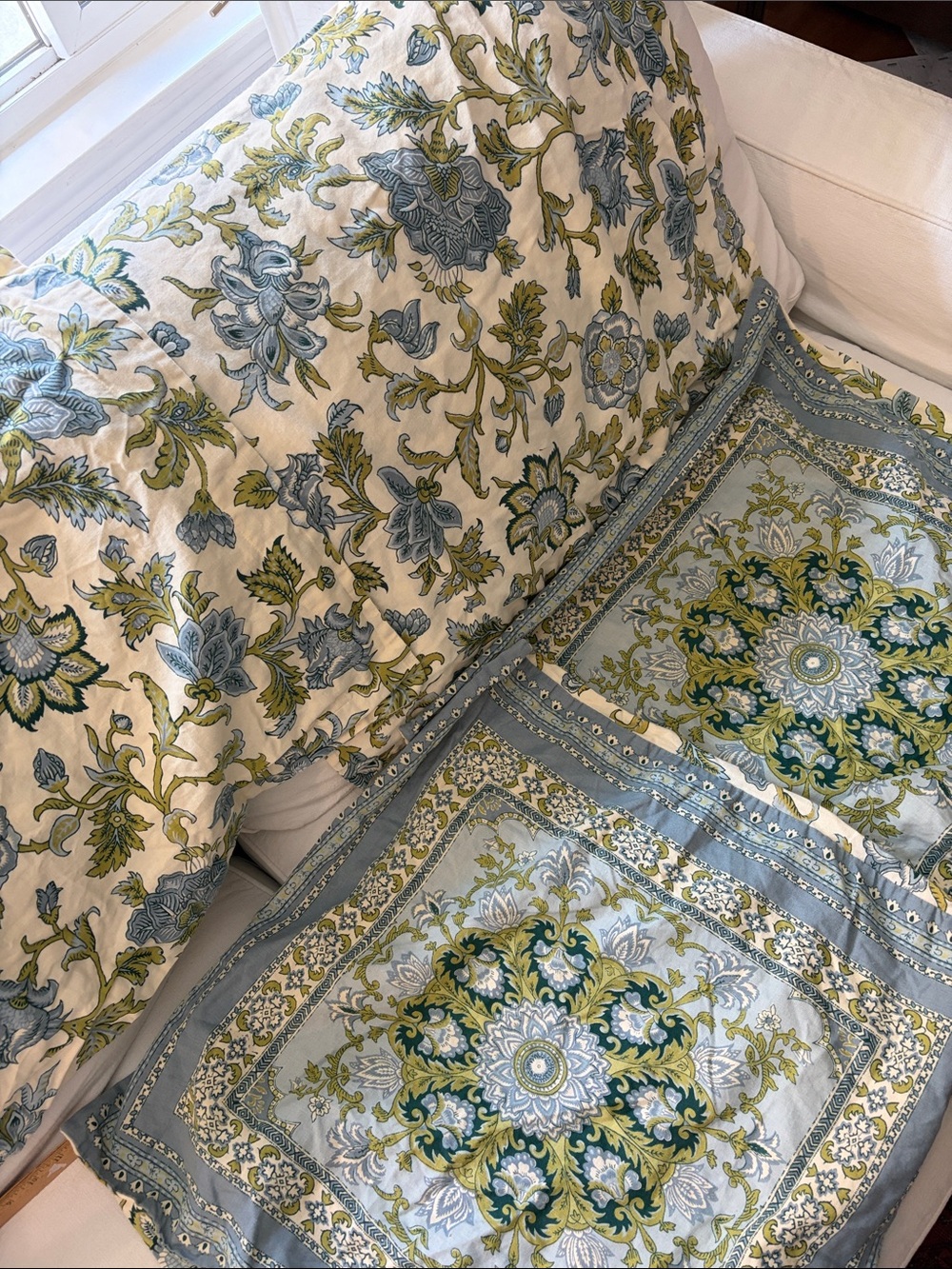 Vintage Pottery Barn Floral Block Print Linen Duvet Cover + 2 Pillowcases 2 Sham - Picture 5 of 12